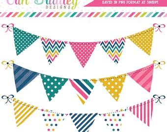 Bunting Banner Clipart Graphics Pink Yellow Teal and Blue Digital Bunting Clip Art Set Commercial Use