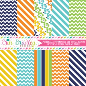 Surfboard Boys Striped Digital Paper Pack Personal & Commercial Use Instant Download