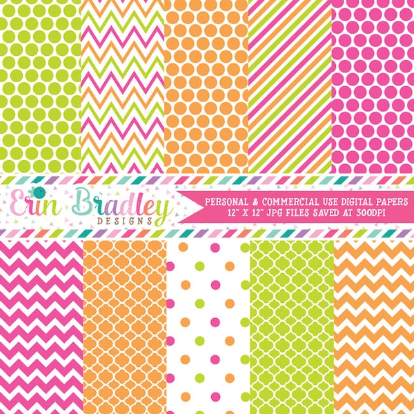 Hot Pink Lime Green and Orange Digital Paper Pack Commercial Use Instant Download