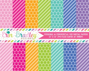 Summer Fun Digital Scrapbook Paper Pack Digital Paper Set Pink Orange Green Blue Purple Polka Dots & Stripes