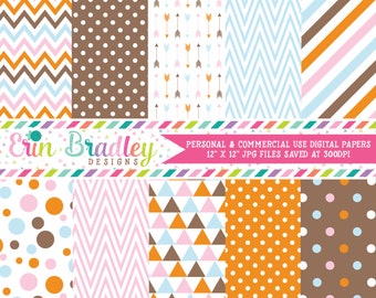 Digital Paper Pack Pink Blue Orange and Brown Polka Dots Stripes Trianges Chevron & Arrows Instant Download