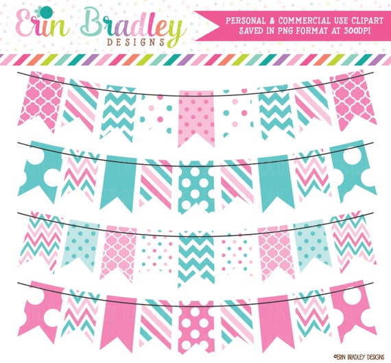 Bunting Clipart Pink Blue Banner Flags Commercial Use Clip Etsy