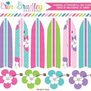 Girls Surfboard Clipart: Beach Vacation Graphics (PNG, Digital Download)