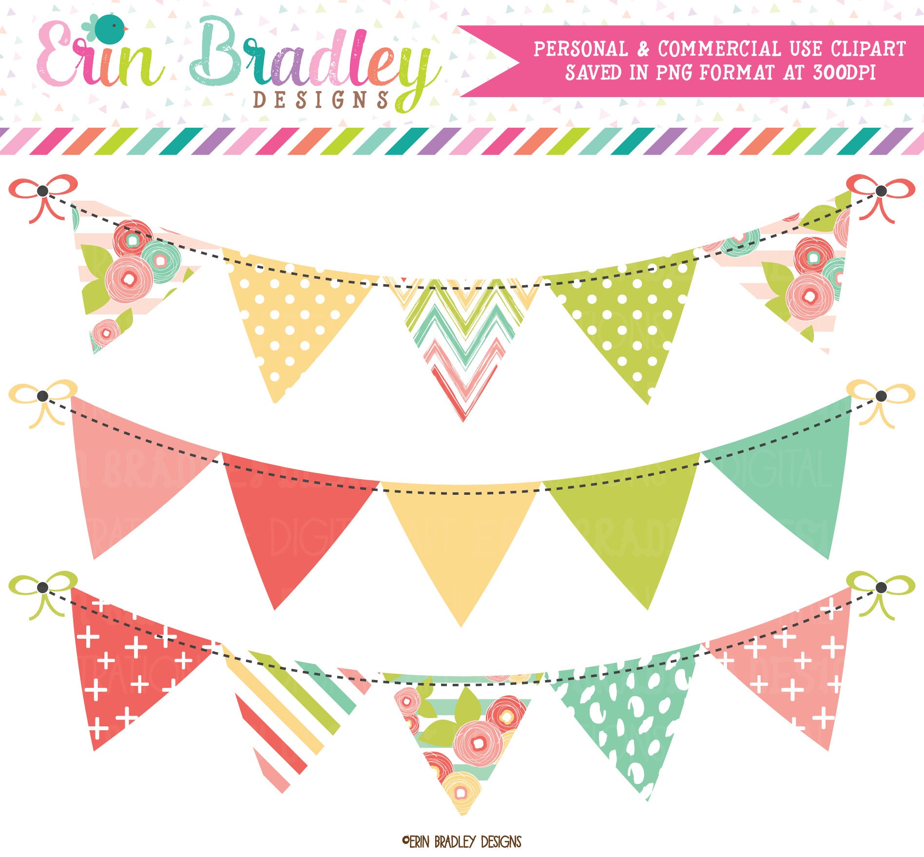 Muted Brights Bunting Clipart Banner Flag Clip Art Graphics Commercial Use OK Great for Logos