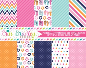 Digital Paper Pack Flip Flops & Flowers Polka Dots Chevron Stripes Digital Paper Set Graphics Instant Download