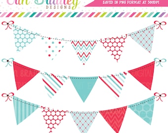 Blue & Red Clipart Bunting Graphics Commercial Use Digital Banner Flag Clip Art Polka Dots Chevron and Striped Patterns