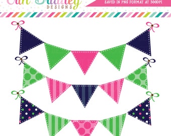 Preppy Bunting Clipart Commercial Use Blue Green and Pink Banner Flags Clip Art Graphics