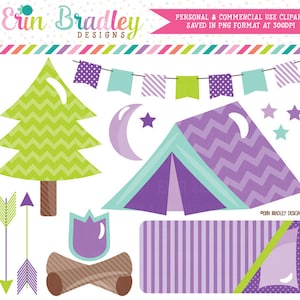 Glamping Clipart Set Girls Camping Clip Art in Purple