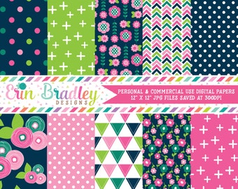 Floral Bloom Digital Paper Pack Commercial Use Digital Scrapbook Paper with Flowers Triangles Crosses Herringbone and Polka Dots