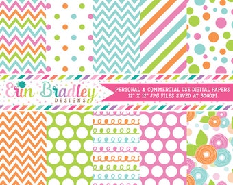Instant Download Digital Paper Pack Pink Green Blue & Orange Chevron Stripes Flowers Polka Dots and Doodles Commercial Use