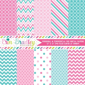 Pink und Blau Digitales Papier Pack Ideal für eine Gender Reveal Party Digitale Hintergründe Polka Dots Streifen und Chevron-Muster