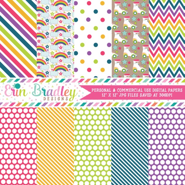 Roller Skating Party Digital Paper Pack Commercial Use Instant Download