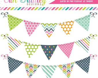 Bunting Clipart Graphics Instant Download Digital Clip Art Banner Flags Pink Blue Green Orange Personal and Commercial Use