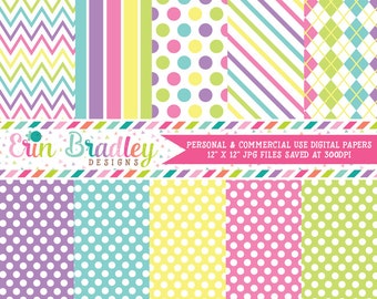 Digital Paper Pack Springtime Medley Polka Dots Stripes and Chevron Commercial Use & Instant Download