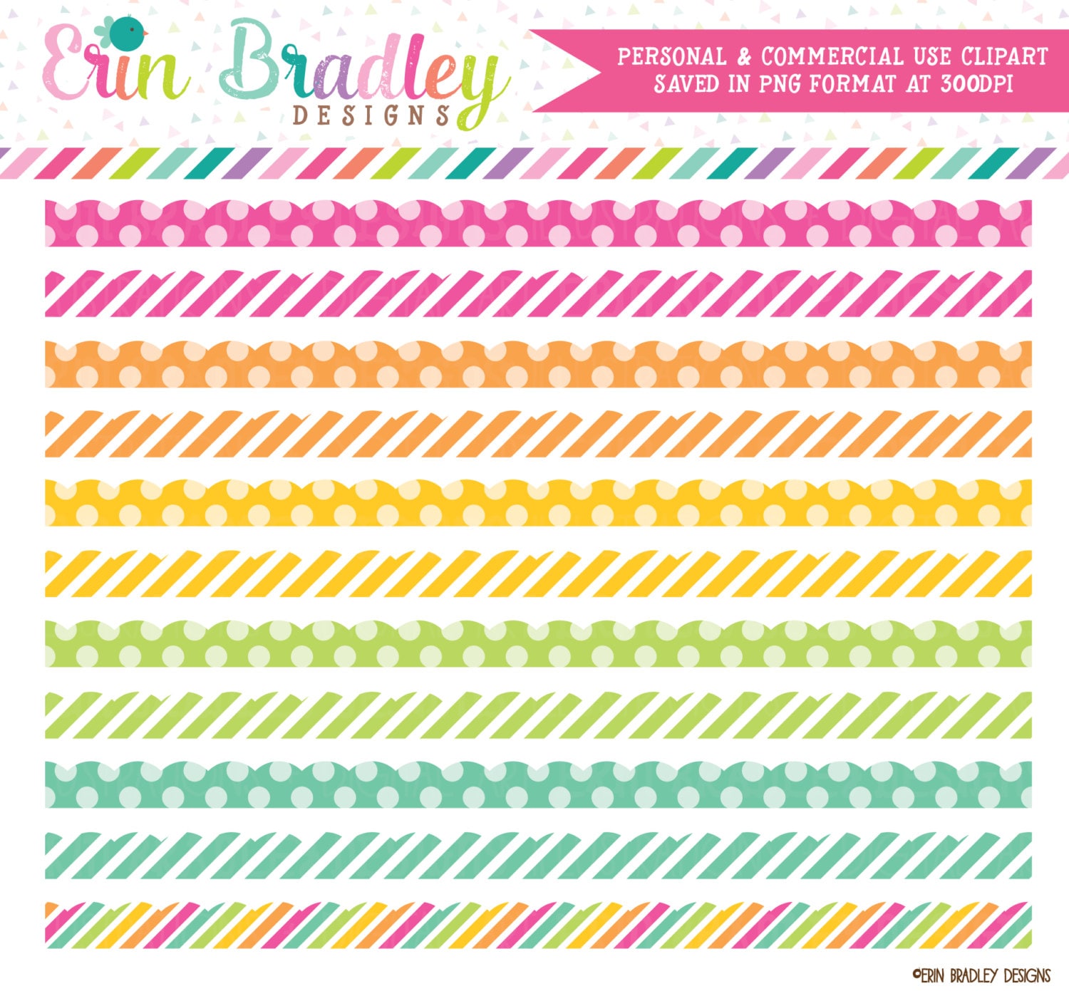 Colorful Dots & Stripes Clipart Borders Scalloped Clip Art | Etsy