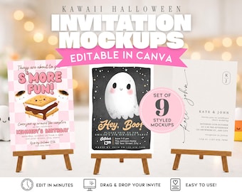 Kawaii Halloween Invitation Mockups | Canva Editable Templates (Digital Download)