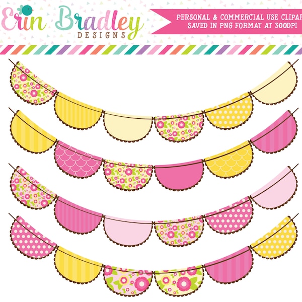 Pink and Yellow Flowers Bunting Flags Clipart Clip Art for Personal & Commercial Use