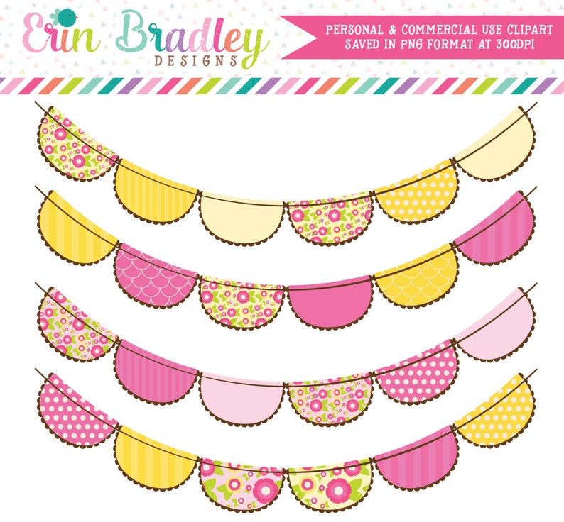 Pink and Yellow Flowers Bunting Flags Clipart Clip Art for Personal & Commercial Use image 1