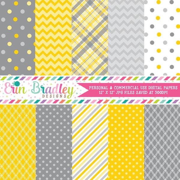 Digital Scrapbook Papers Personal and Commercial Use Yellow and Grey Medley