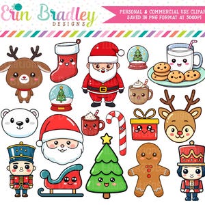 Kawaii Weihnachten Clipart, Kommerzielle Nutzung Weihnachten Clip Art, Weihnachtsmann, Schneekugel, Nussknacker, Weihnachtsbaum, Rentier, Kinder Feiertage Grafiken