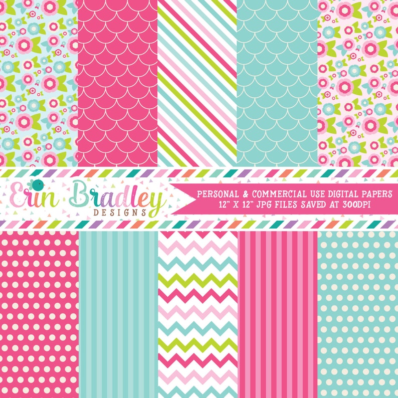 Digital Paper Pack Personal and Commercial Use Pink and Blue Flowers image 1