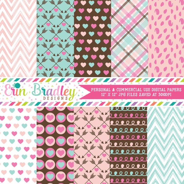 Love Valentines Day Digital Paper Pack Hearts Chevron Plaid Arrow Spotty Dot et Doodle Patterns en bleu rose - Brown Utilisation commerciale OK