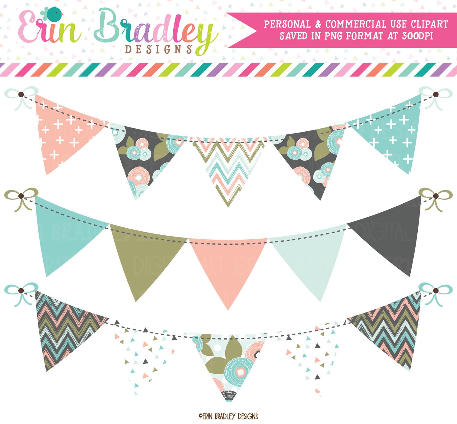 Muted Brights Bunting Clipart Banner Flag Clip Art Graphics Commercial Use OK Great for Logos