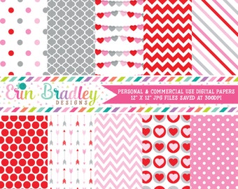 Valentines Day Digital Papers Digital Backgrounds Hearts Polka Dots Chevron & Stripes Digital Paper Pack in Red Pink Gray