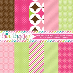 Digital Scrapbook Papers Personal and Commercial Use Pink Green Brown Argyle & Polka Dots