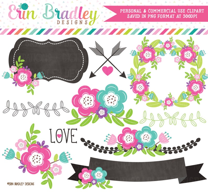 Floral Elements Clipart Graphics Laurel Wreath Banner Flowers Labels & More Great For Wedding and Save the Date Designs image 1