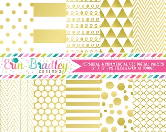 Gold Digital Paper Pack Digital Gold Foil Effect Commercial Use Scrapbook Paper Chevron Polka Dots Stripes Triangles