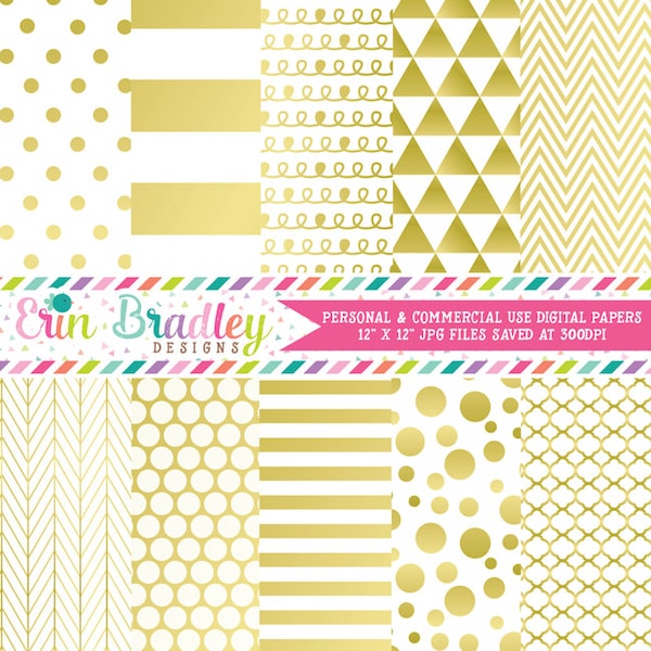 Gold Digital Paper Pack Digital Gold Foil Effect Commercial Use Scrapbook Paper Chevron Polka Dots Stripes Triangles