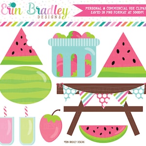 Watermelon and Strawberries Picnic Party Clipart Set Food Picnic Table and Drinks Party Clipart Set Instant Download