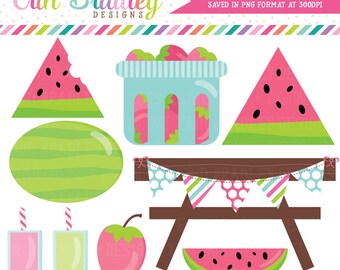 Watermeloen en aardbeien picknick partij clipart set voedsel picknicktafel en drankjes partij clipart set direct downloaden