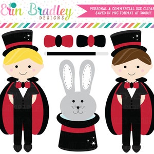 Ensemble de cliparts magicien, blonde et brune garçons Magic Clip Art Set, lapin au chapeau noeuds papillon et baguette graphique numérique Clip Art