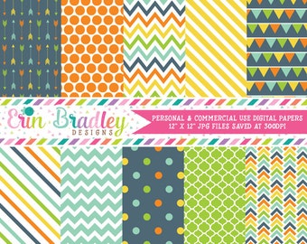 Blue Orange Yellow Green Digital Paper Pack Personal & Commercial Use Digital Scrapbook Patterns Arrows Polka Dots Chevron