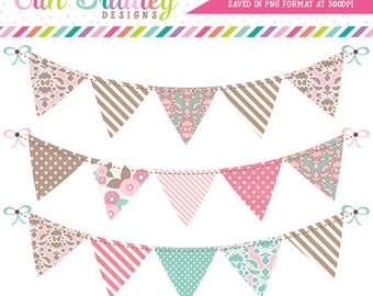 Commercial Use Clipart Graphics Digital Bunting in Pink Blue & Brown Instant Download Banner Flag Clip Art