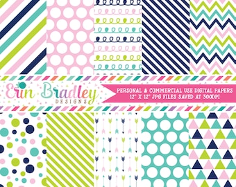 Commercial Use Digital Paper Pack Navy Blue Pink & Green Stripes Arrows Polka Dots Chevron Triangle Doodle Patterns