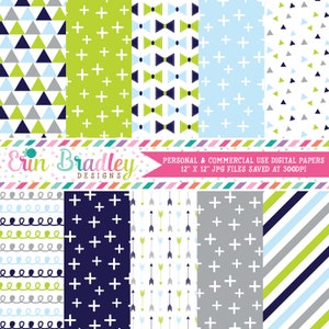 Pack de papier Scrapbooking numérique pour bébé garçon Blues Téléchargement instantané Papier numérique à usage commercial Noeuds papillon Croix Triangles motifs rayés