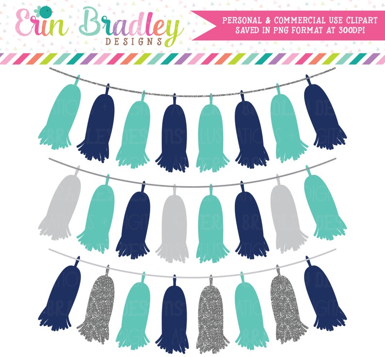 Tassel Banner Clipart in Navy Blue Turquoise & Silver Glitter Etsy