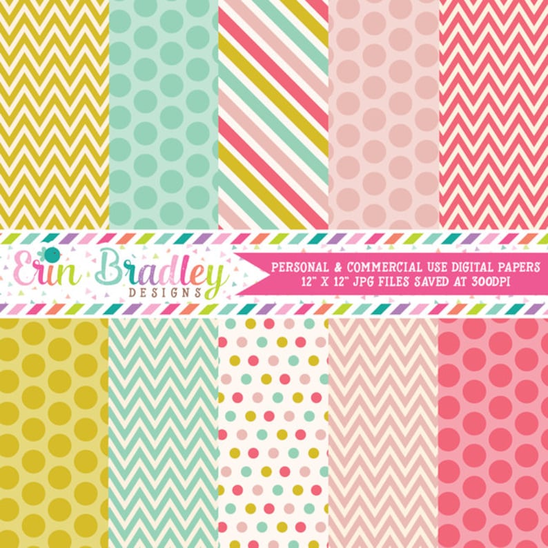 Digital Scrapbook Paper Pack with Chevron Stripes & Polka Dots image 1