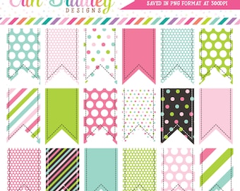 Colorful Clipart Ribbon Tags Instant Download Commercial Use Graphics Pink Green Blue Polka Dots Chevron Stripes