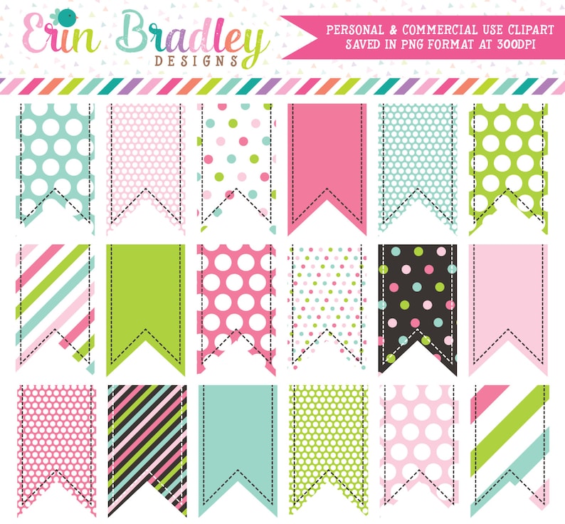 Colorful Clipart Ribbon Tags Instant Download Commercial Use Graphics Pink Green Blue Polka Dots Chevron Stripes image 1