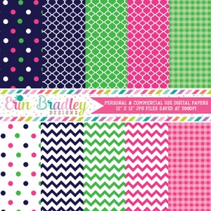 Digital Scrapbook Papers Personal and Commercial Use Preppy Navy Blue Pink and Green