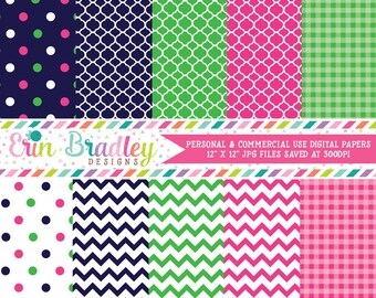 Digital Scrapbook Papers Personal and Commercial Use Preppy Navy Blue Pink and Green