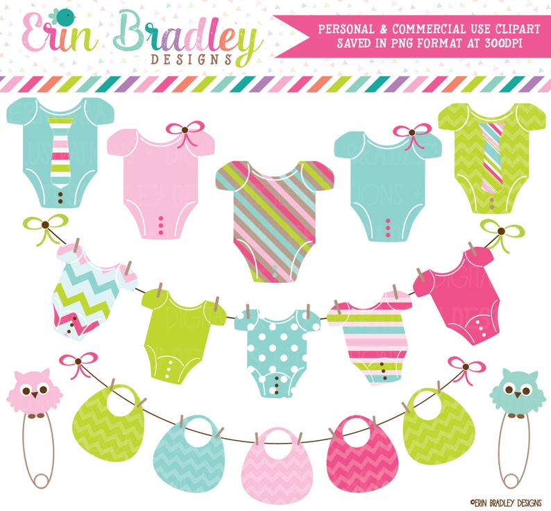 Baby Digital Clipart Graphics Personal & Commercial Use Clip Art Set with Baby Tees Bibs Clothespins and Bunting image 1