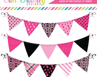 Banner Flag Bunting Clip Art Graphics Commercial Use Clip Art with Pink & Black Patterns