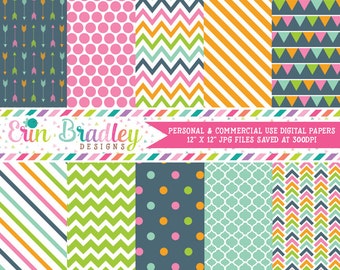 Pink Blue Green Orange Digital Paper Pack Personal & Commercial Use Digital Scrapbook Patterns Arrows Polka Dots Chevron Stripes