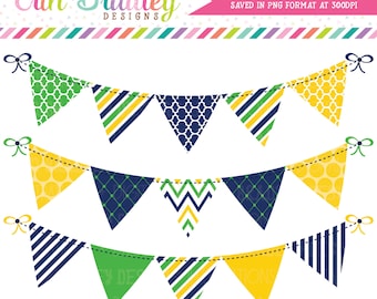 Digital Banners Commercial Use Clipart in Navy Blue Yellow & Kelly Green Polka Dots Chevron Striped Instant Download Bunting
