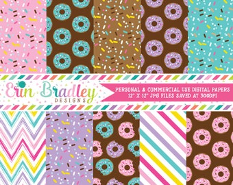 Donuts Digital Paper Pack Commercial Use Digital Scrapbook Paper with Sprinkles Donuts Stripes & Chevron Patterns in Pink Purple Blue